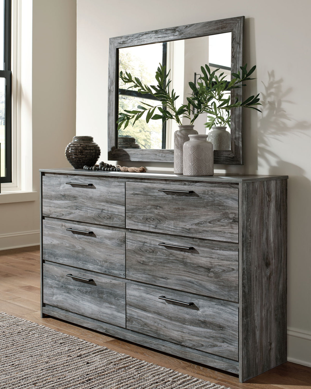 Baystorm - Six Smooth Drawer Dresser Gray Dresser & Mirror by Signature Design by Ashley® | Bel Furniture