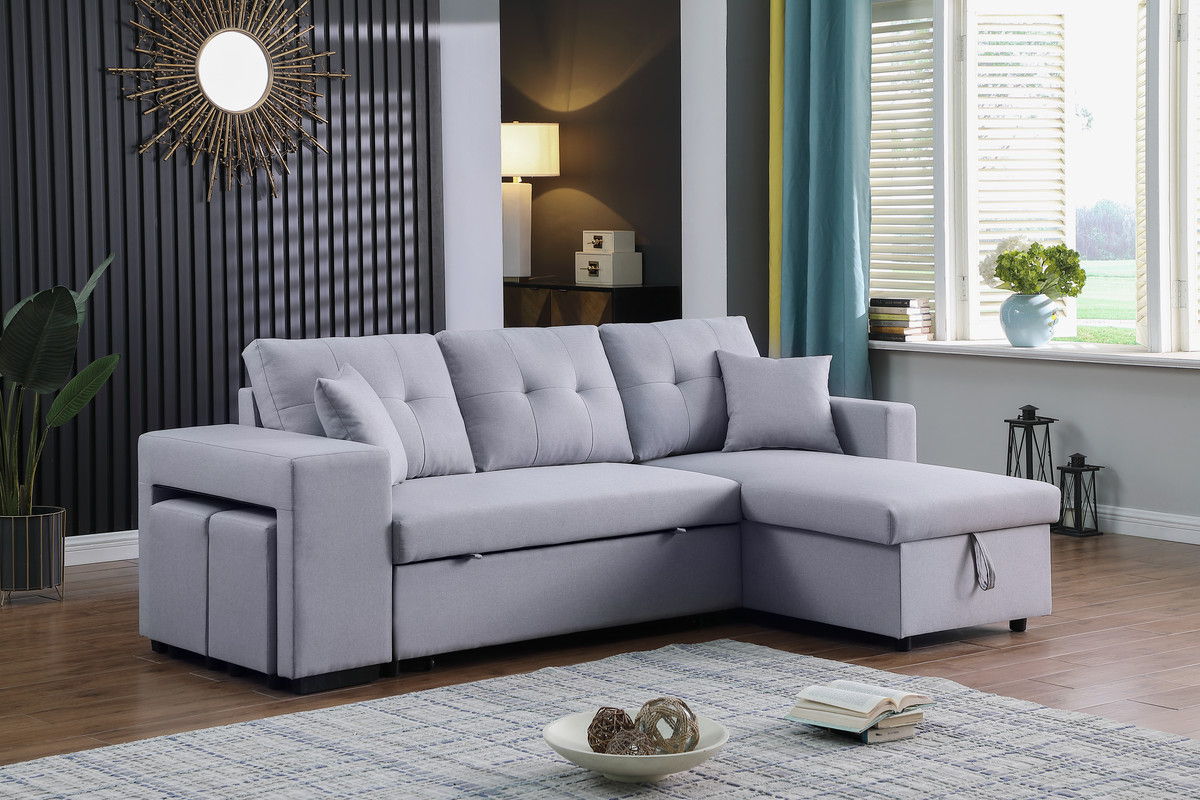 Dennis - Linen Fabric Reversible Sleeper Sectional With Storage Chaise And 2 Stools