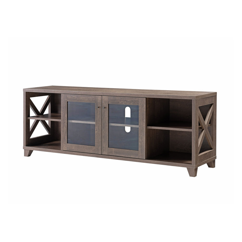 Craftsman Style TV Stand With Crosshatch Carvings Innovative Storage With Four Side Shelves & Glass Door Cabinet - Walnut Brown