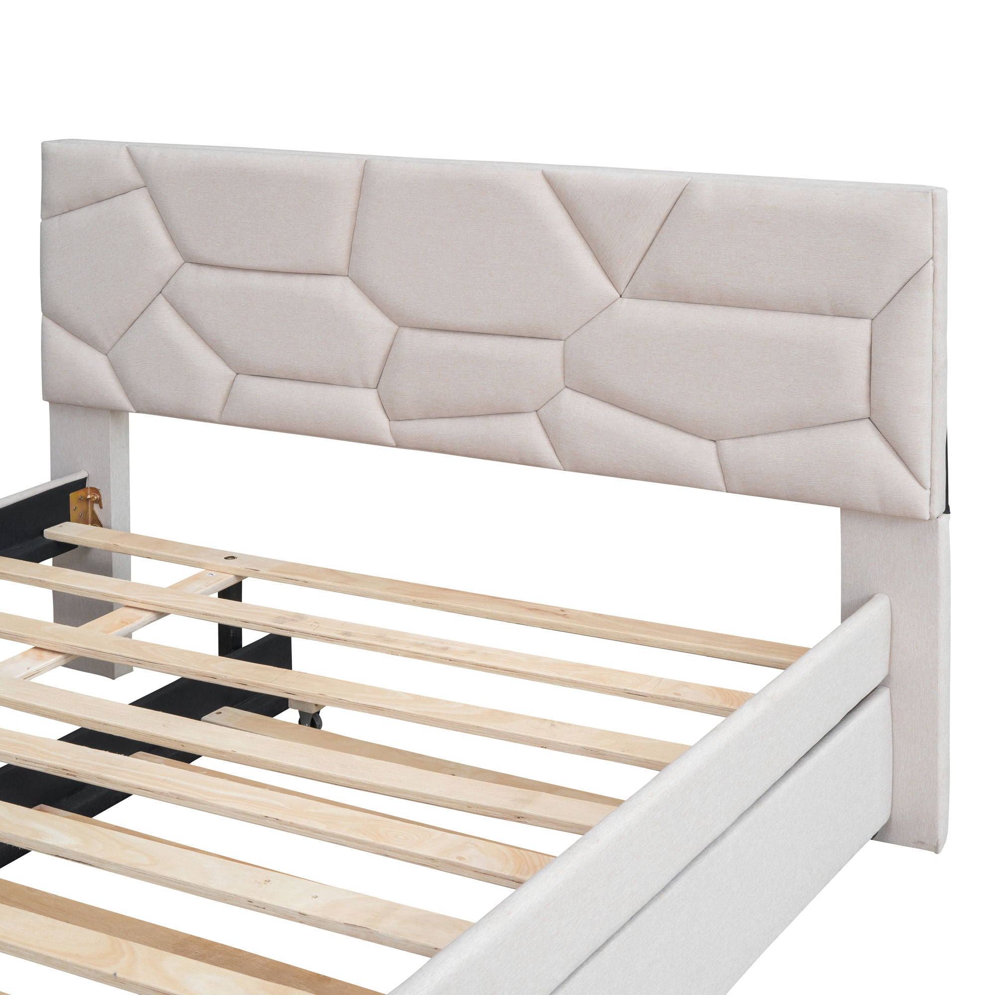 Upholstered Platform Bed With Brick Pattern Headboard And Twin Size Trundle, Linen