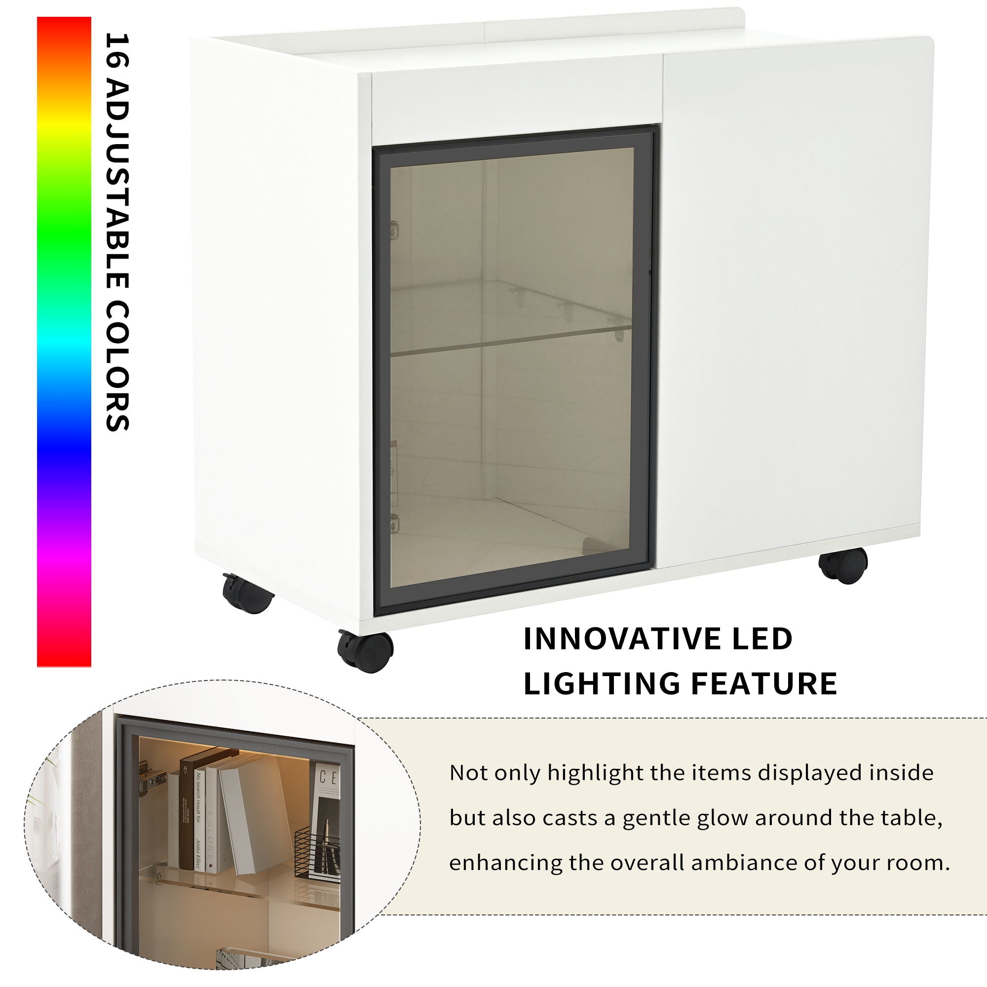 Modern End Table With Led Light And Wheels, Side Table With Transparent Brown Glass Door, 2 Storage Shelves And Drawers For Living Room