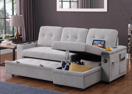 Ashlyn II - 84"W Woven Fabric Reversible Sleeper Sectional Sofa with Storage Chaise by Lilola Home | Bel Furniture
