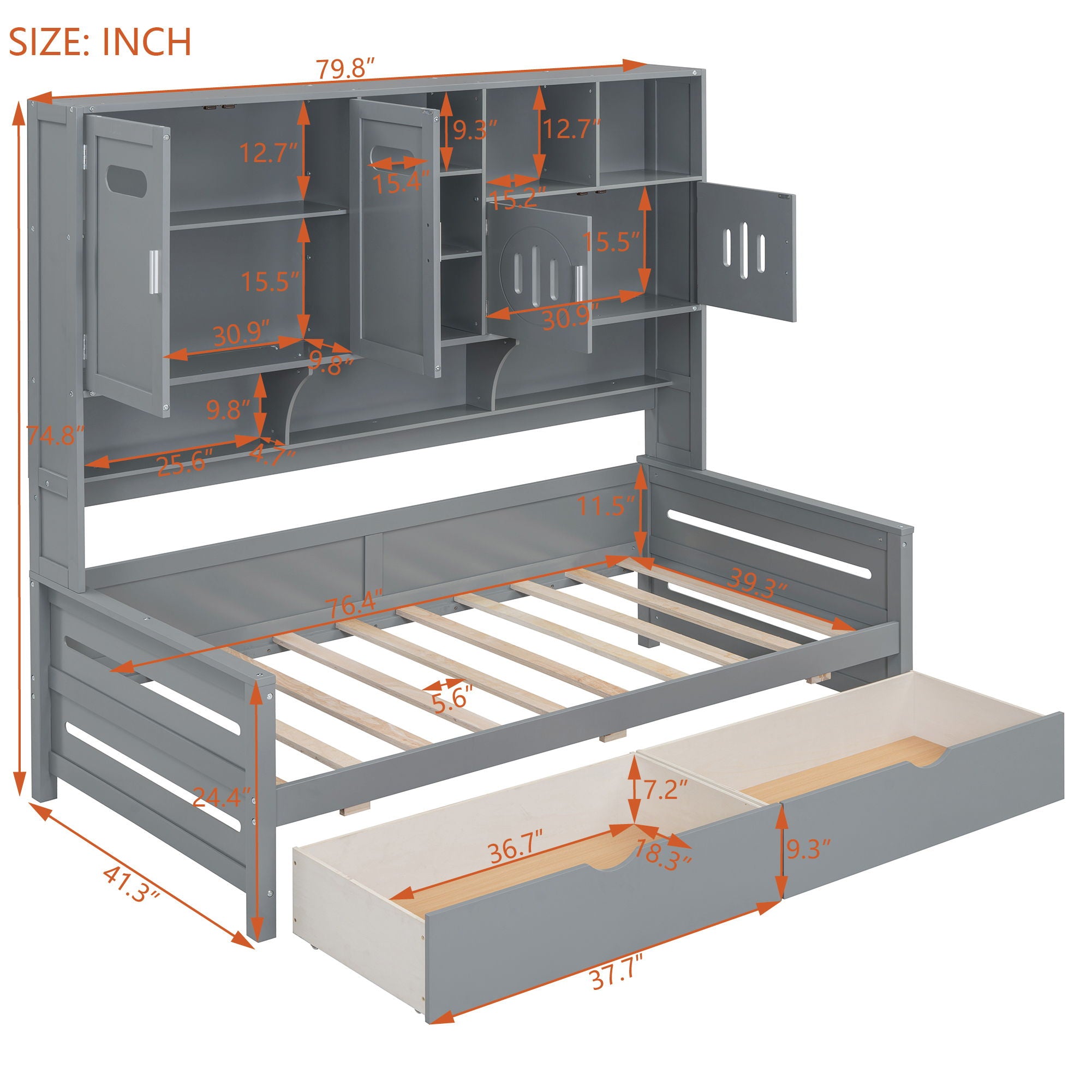 Wooden Daybed With 2 Drawers, And All-In-One Cabinet And Shelf