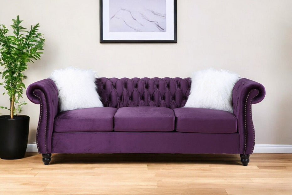 Velvet Sofa And Toss Pillows With Black Legs - Purple