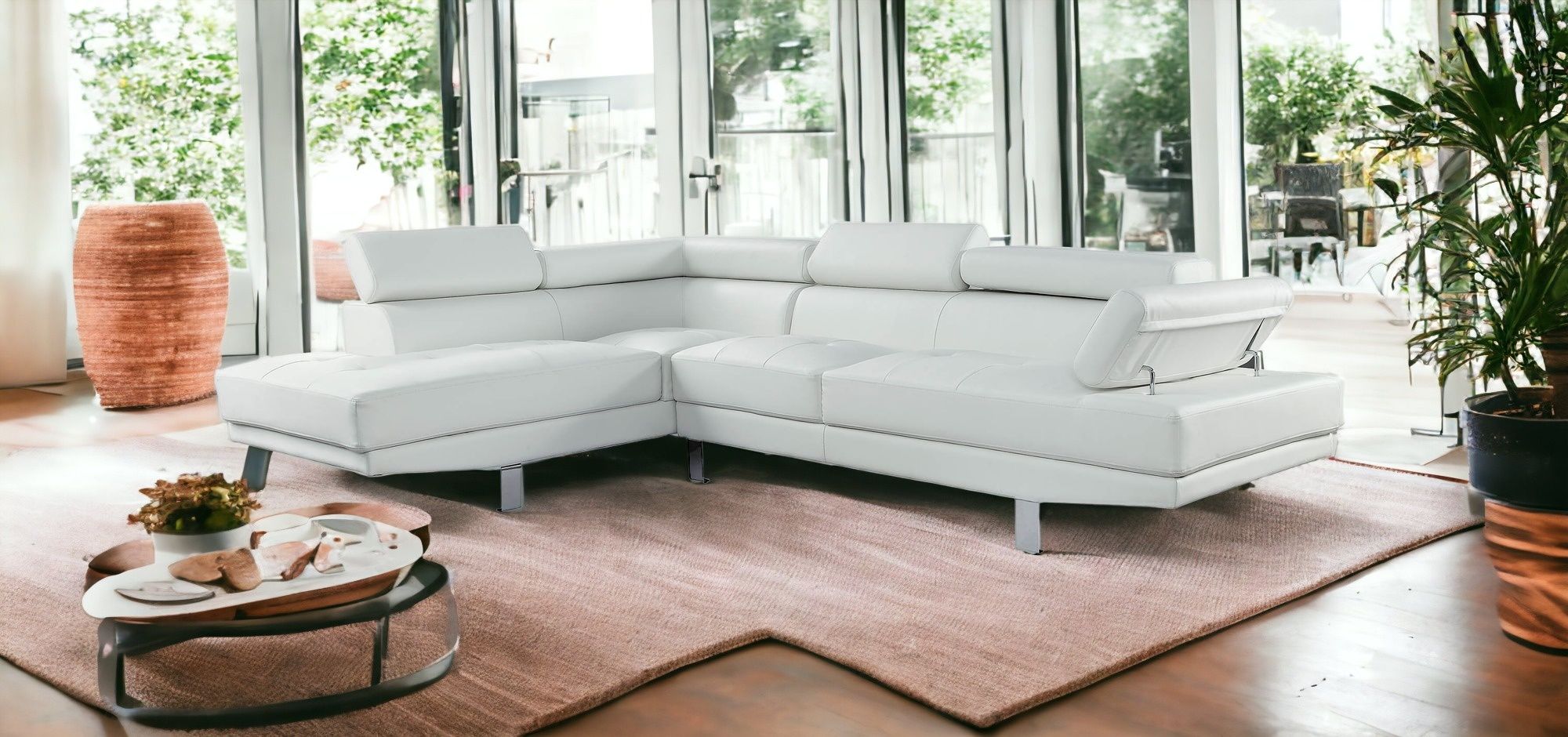 Polyurethane L Shaped Two Piece Sofa And Chaise - Cream