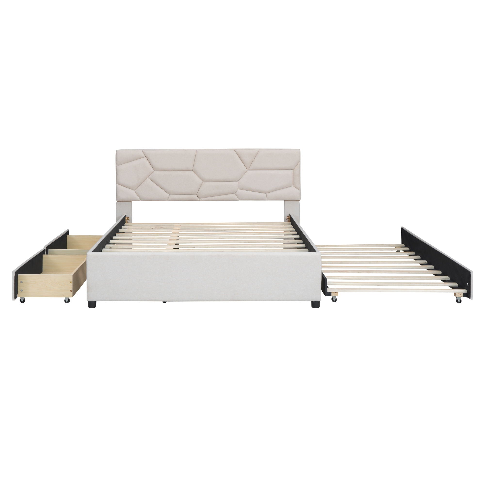 Upholstered Platform Bed With Brick Pattern Headboard And Twin Long Size Trundle