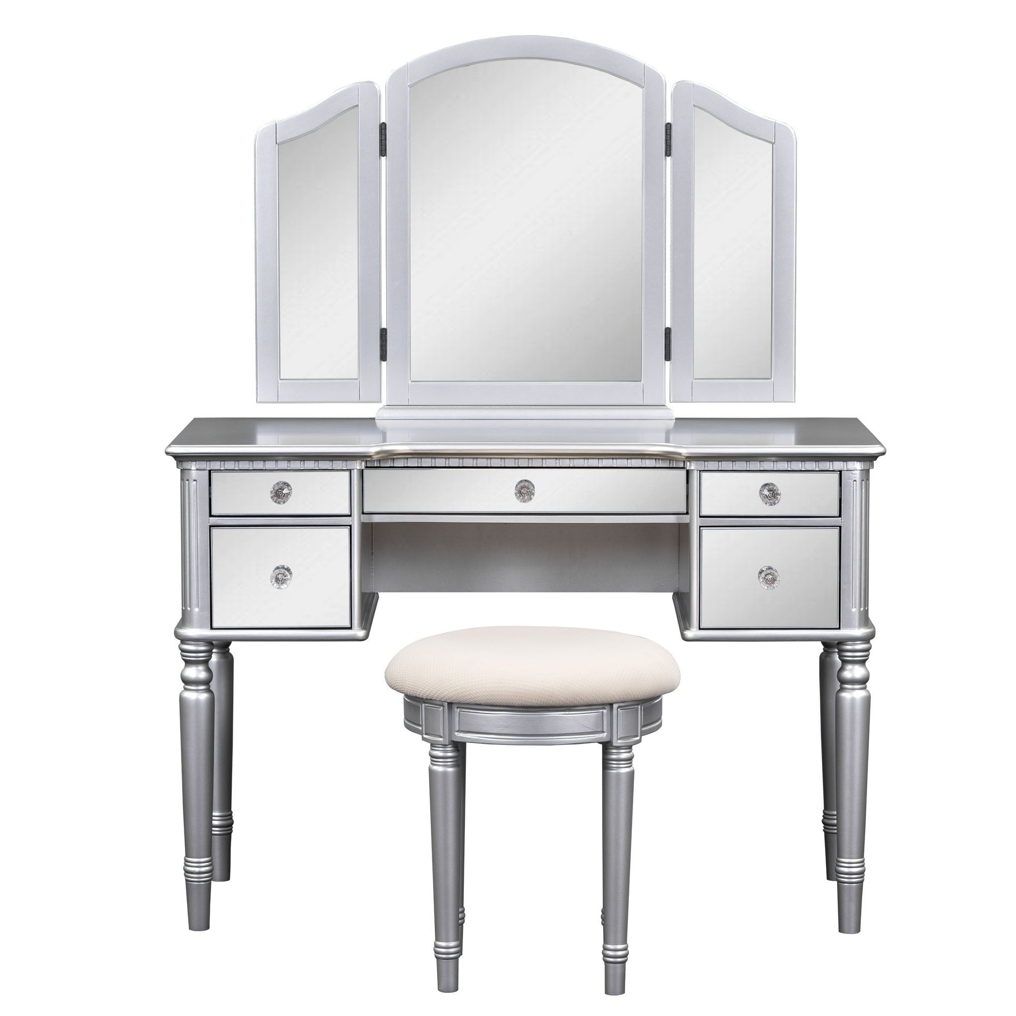 Dressing Table Set With Mirrored Drawers And Stool, Tri-Fold Mirror, Makeup Vanity Set For Bedroom