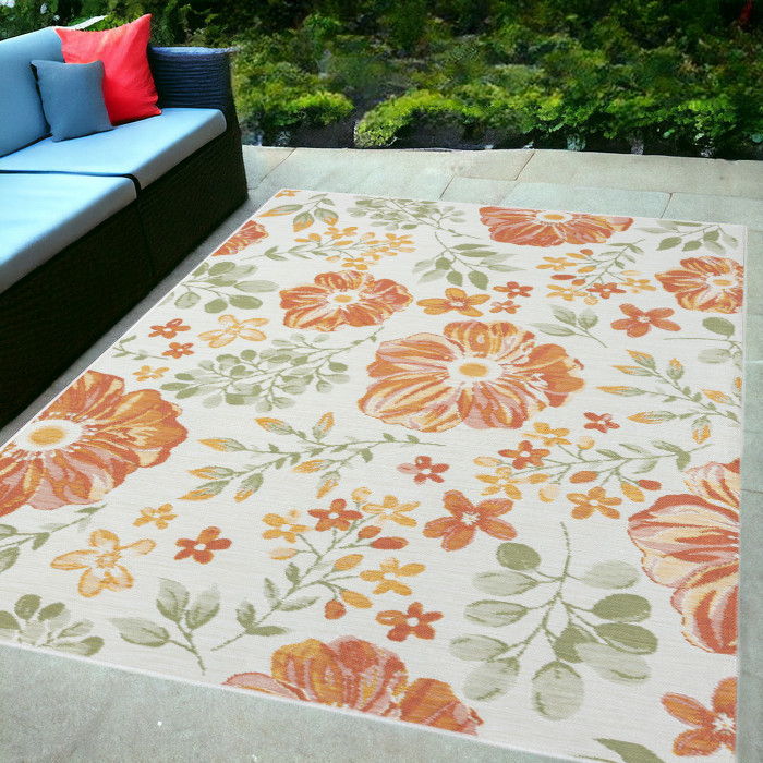 5' X 7' Floral Stain Resistant Indoor / Outdoor Area Rug - Ivory Green / Orange