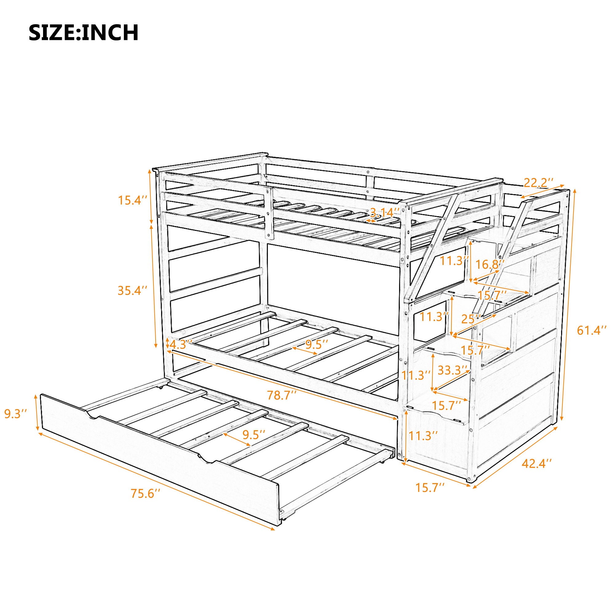 Twin Over Twin Bunk Bed With Twin Size Trundle And 3 Storage Stairs - Espresso