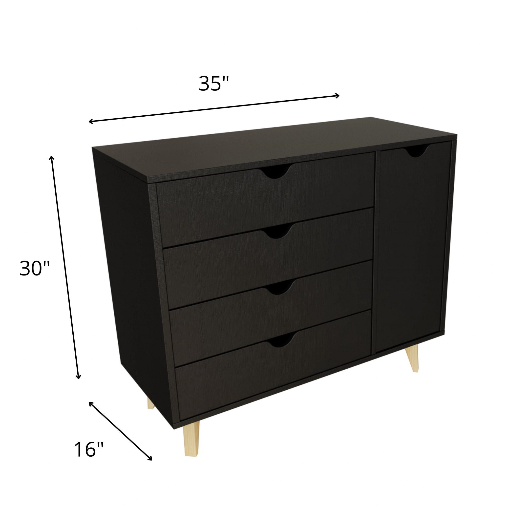 Solid Wood Four Drawer Combo Dresser - Black