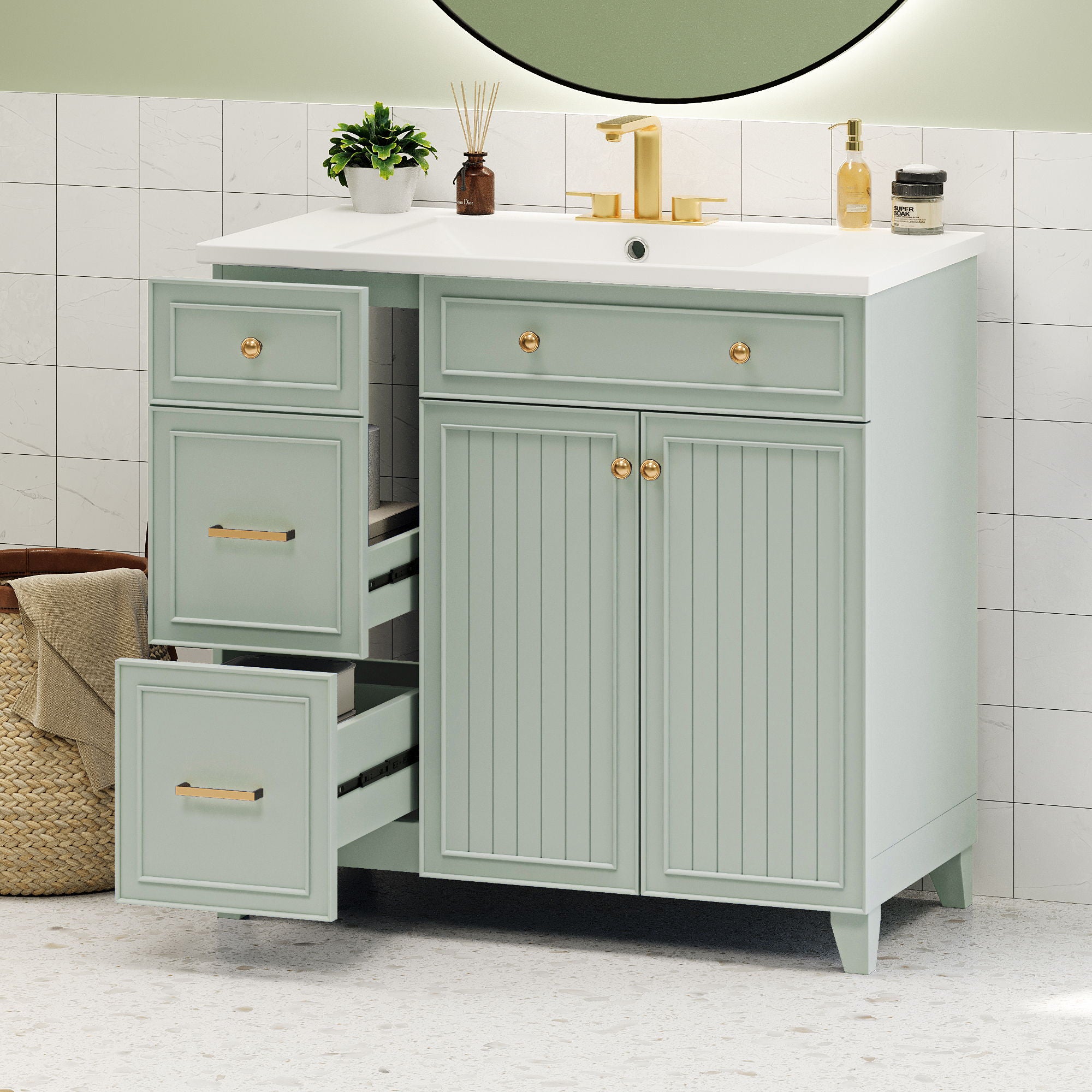 Bathroom Vanity, Transitional Style Bathroom Cabinet With Resin Sink, Single Bathroom Cabinet, With 2 Drawers And 1 Adjustable Storage Shelf, 2 Soft-Close Doors