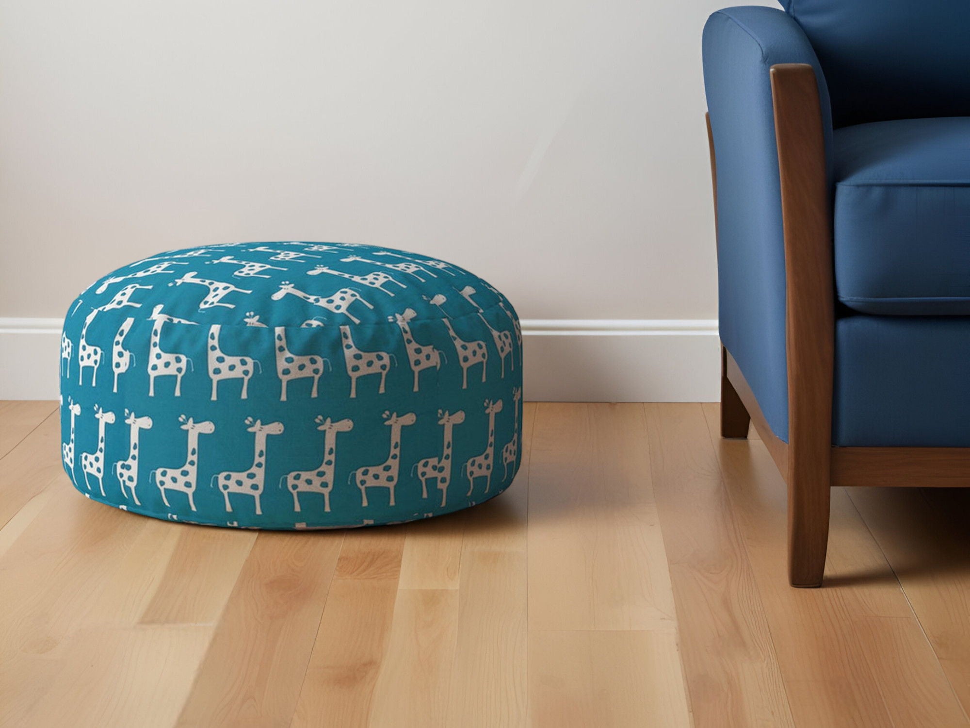 Cotton Round Giraffe Pouf Ottoman - Blue / White