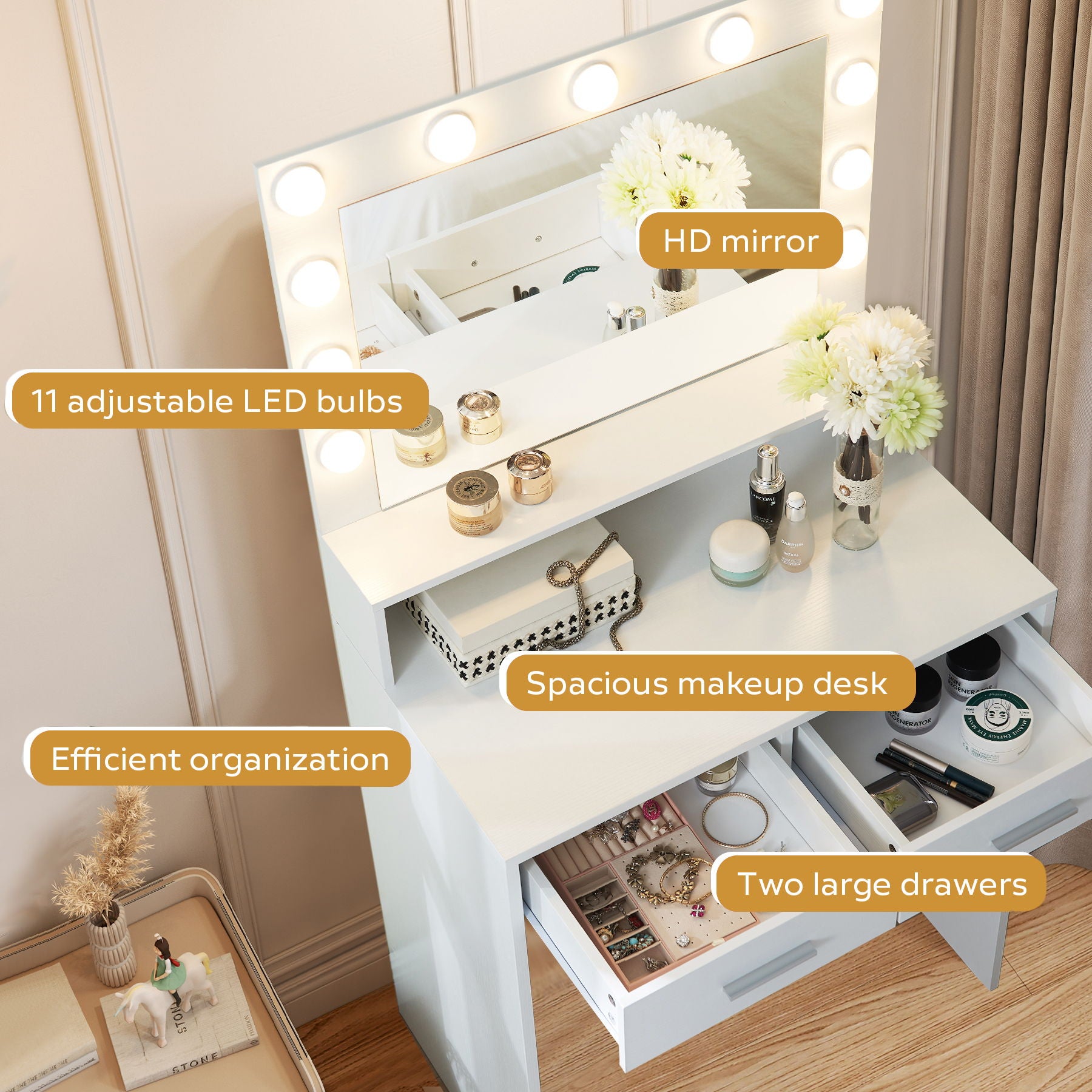 Vanity Desk With Mirror And Lights, Dressing Table With Large Drawer, 2 Level Storage Dresser & 3 Lighting Modes Adjustable Brightness, Suitable For Bedroom