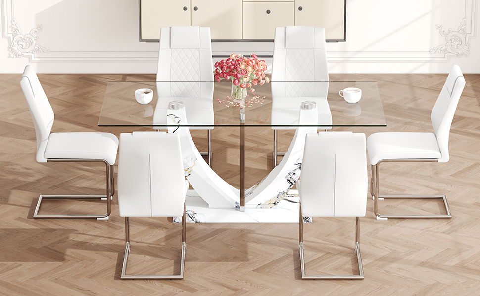 Table And Chair Set, Large Modern Rectangular Glass Table, Can Accommodate 6-8 People, Equipped With A 0.39" Tempered Glass Tabletop And MDF Table Legs.Paired With Comfortable And Soft Chairs - White / Pearl Silver