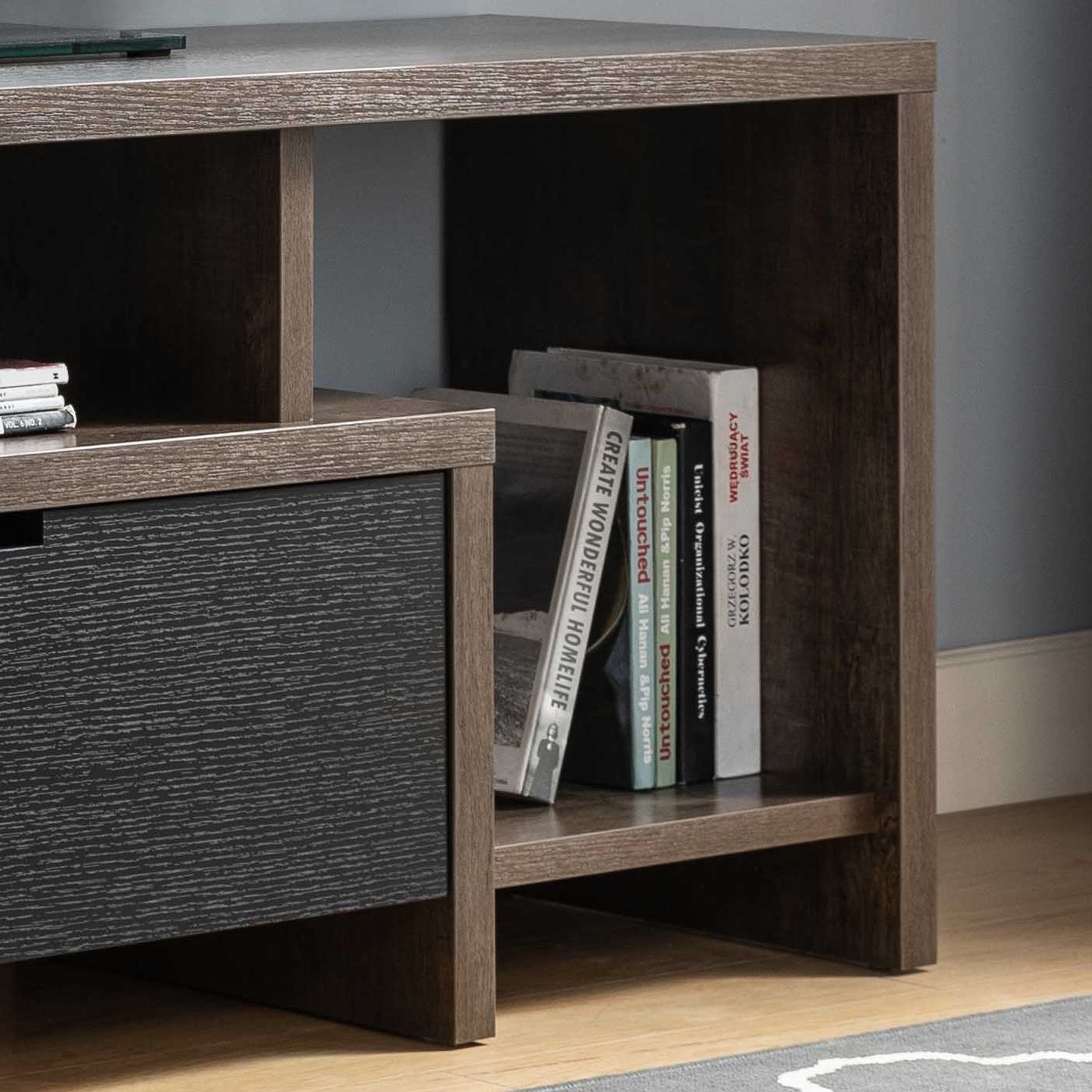 Two Toned Modern TV Stand With Three Shelves, Large Drawer - Walnut Oak / Black