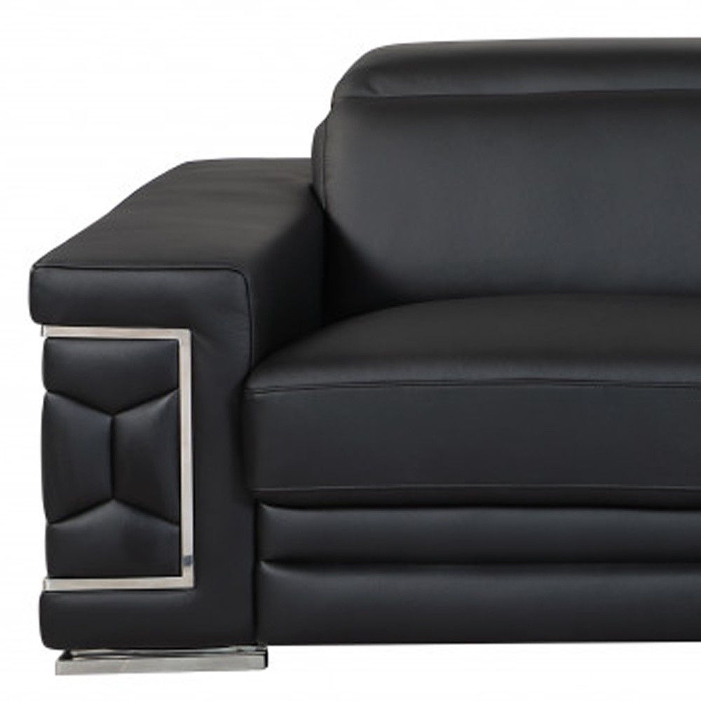 Sofa Italian Leather With Silver Legs - Black