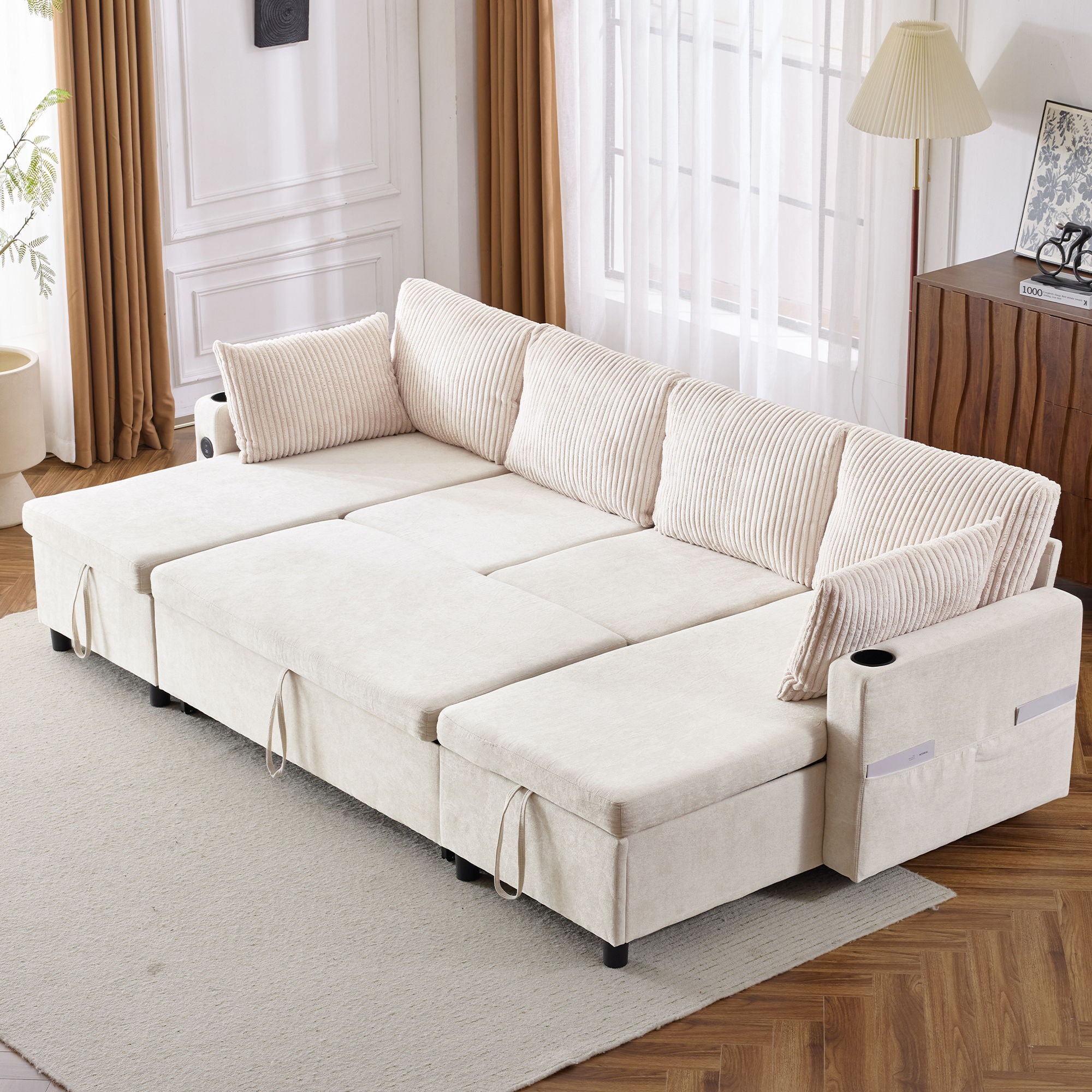 Sectional Sofa Pull Out Sofa Bed Versatile Sofa Sleeper With Large Storage Space, Two USB Ports And Two Cup Holders For Living Room