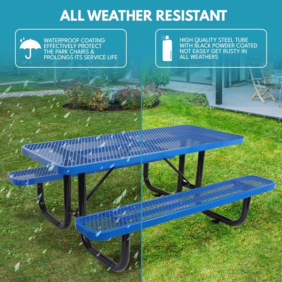 Outdoor Steel Picnic Rectangular Table With Umbrella Pole