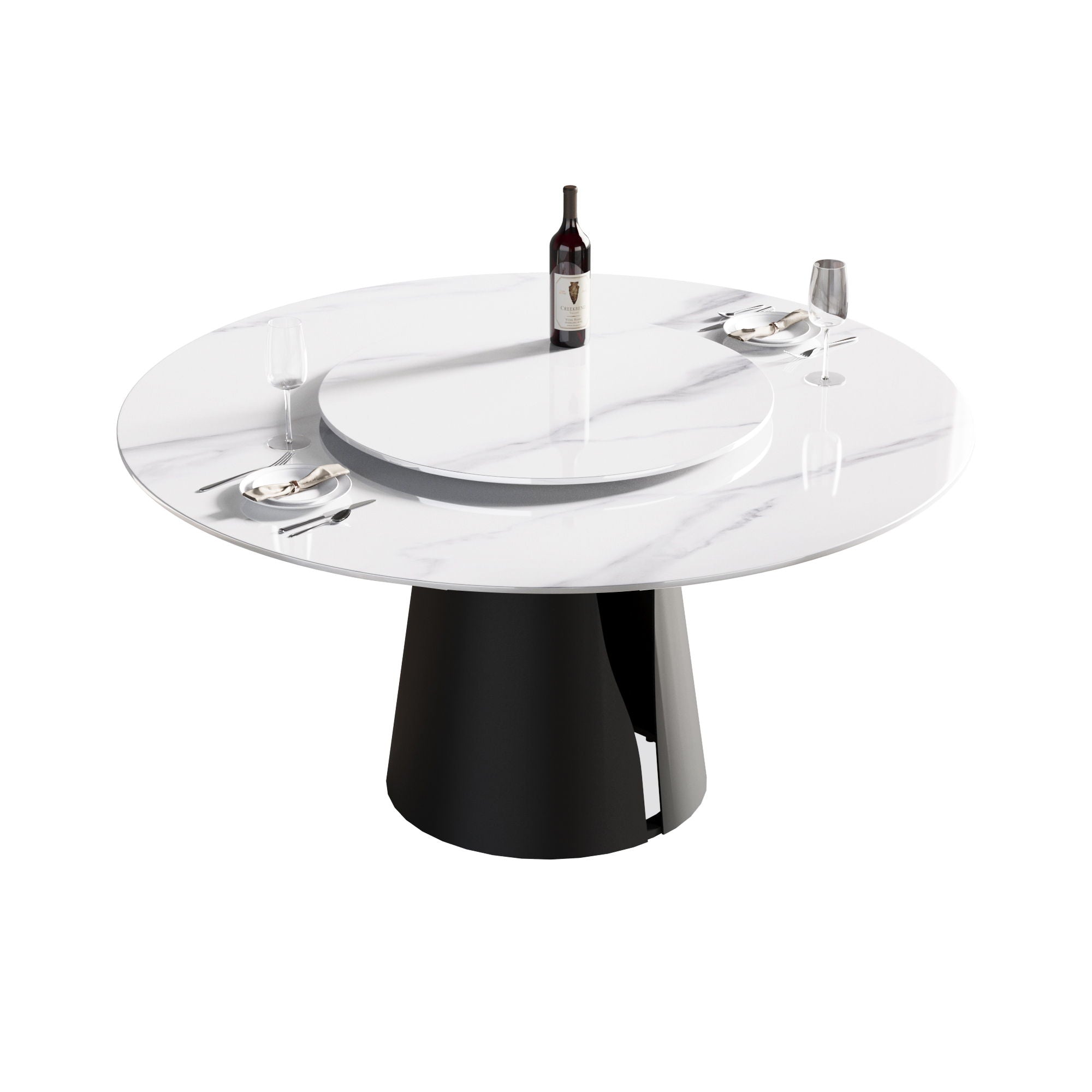 Modern Artificial Stone Round Carbon Steel Base Dining Table, Can Accommodate 6 People, Black Artificial Stone Turntable