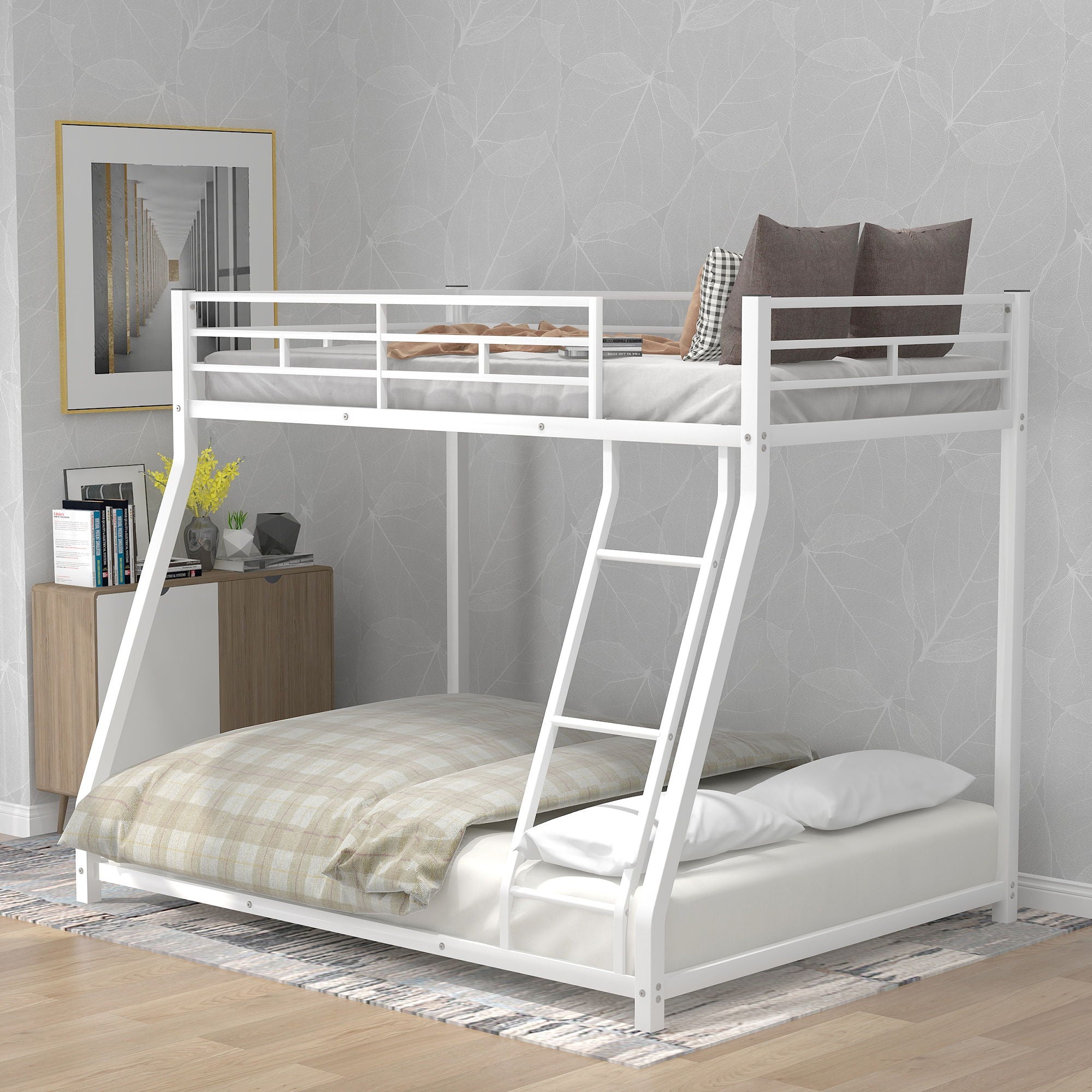 Metal Floor Bunk Bed, Twin Over Full - White