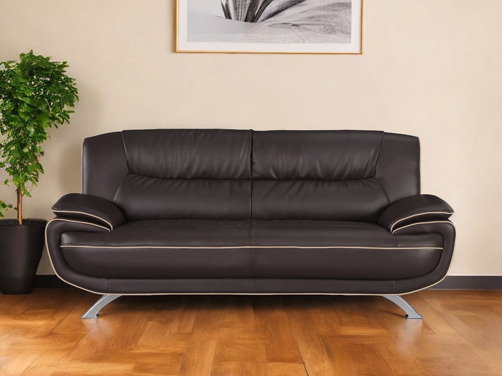 Leather Sofa With Silver Legs - Brown