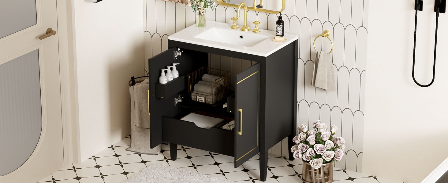 Bathroom Vanity With Ceramic Basin, Soft Close Door, Built-In Hidden Drawer - Black