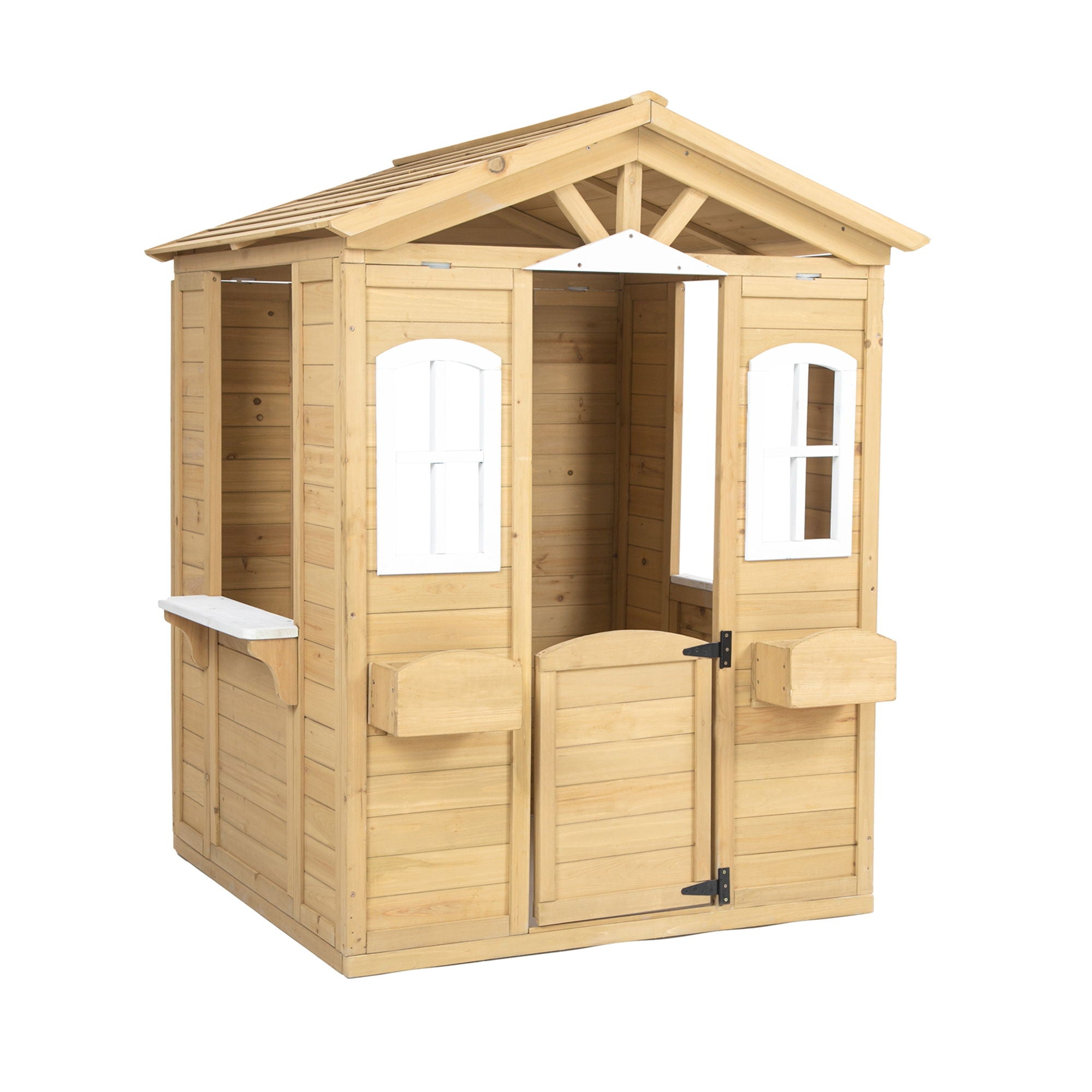 Wooden Playhouse For Kids Outdoor With Working Door, Windows, Mailbox, Flowers Pot Holder - Natural