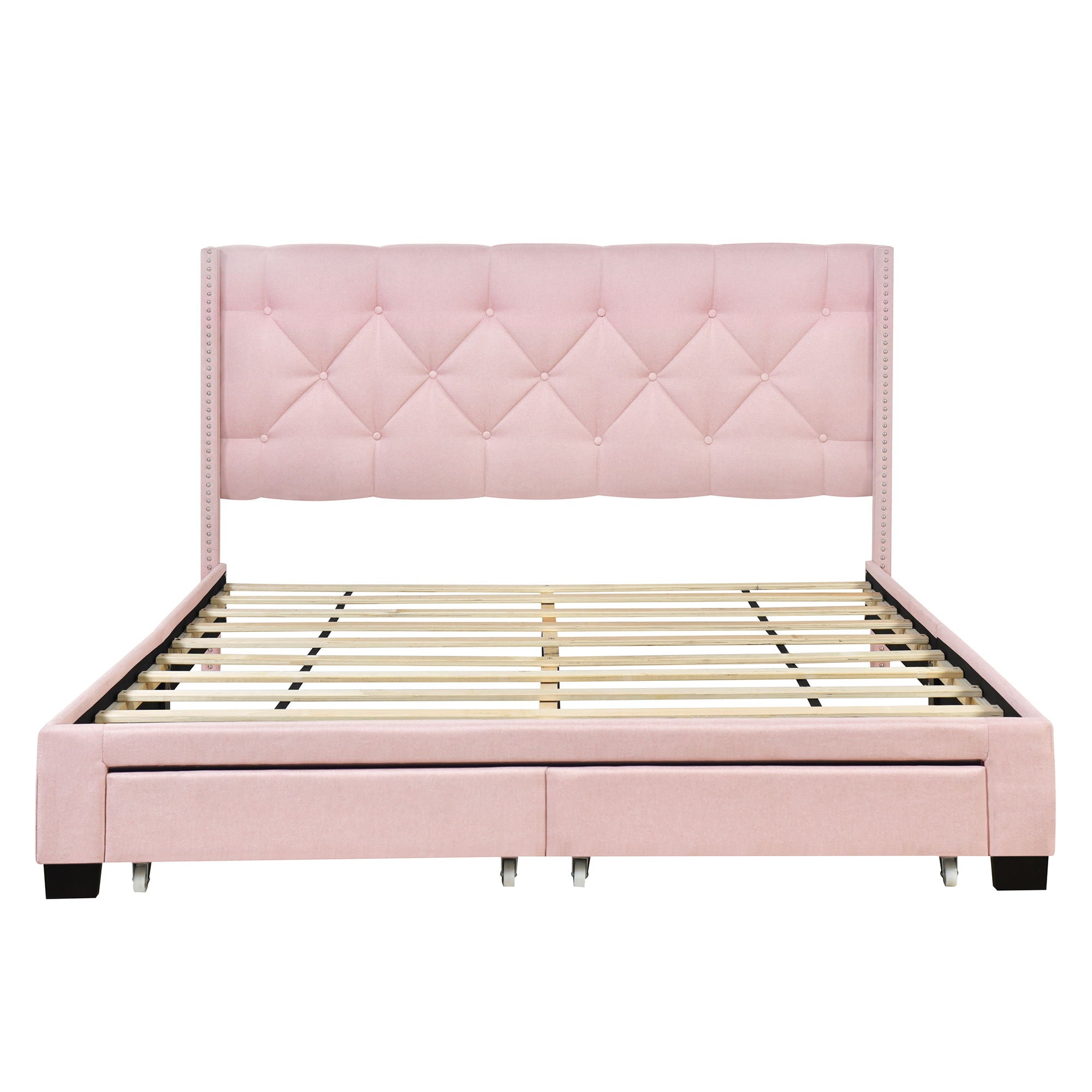 Queen Size Storage Bed Linen Upholstered Platform Bed With Two Drawers - Pink