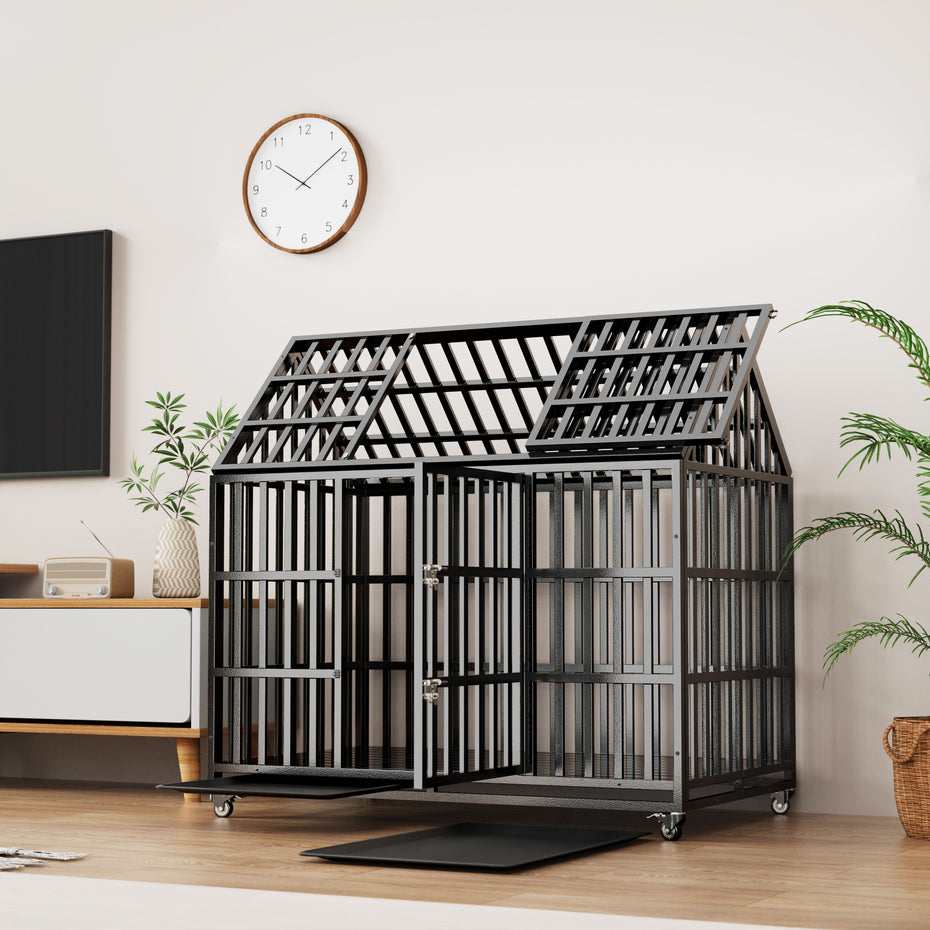 Heavy Duty Dog Crate Large Dog Cage Strong Metal Dog Kennels And Crates For Large Dogs With 4 Lockable Wheels - Black