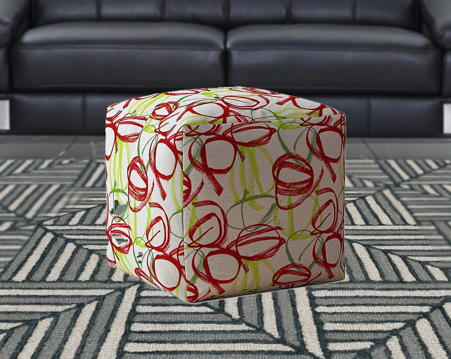 Cotton Abstract Pouf Cover - Green / White