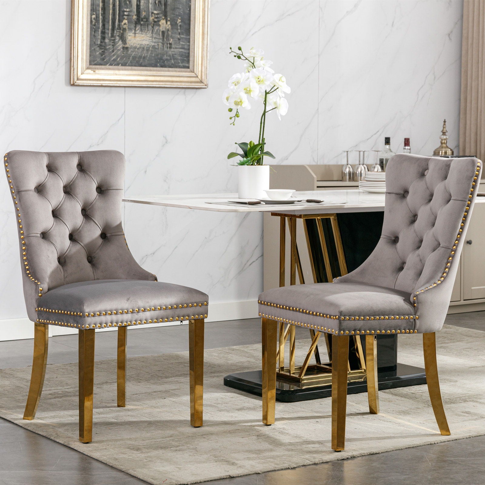 Nikki - Modern, High-End Tufted Solid Wood Contemporary Velvet Upholstered Dining Chair With Golden Stainless Steel Plating Legs, Nailhead Trim (Set of 2)