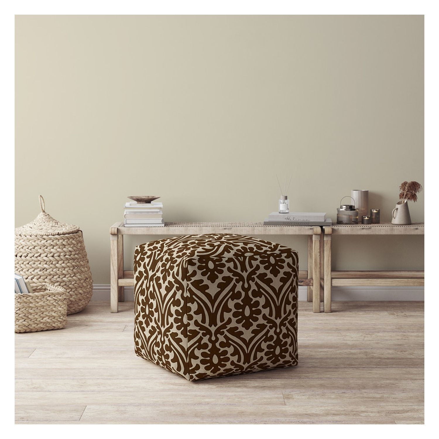 Cotton Damask Pouf Cover - Brown