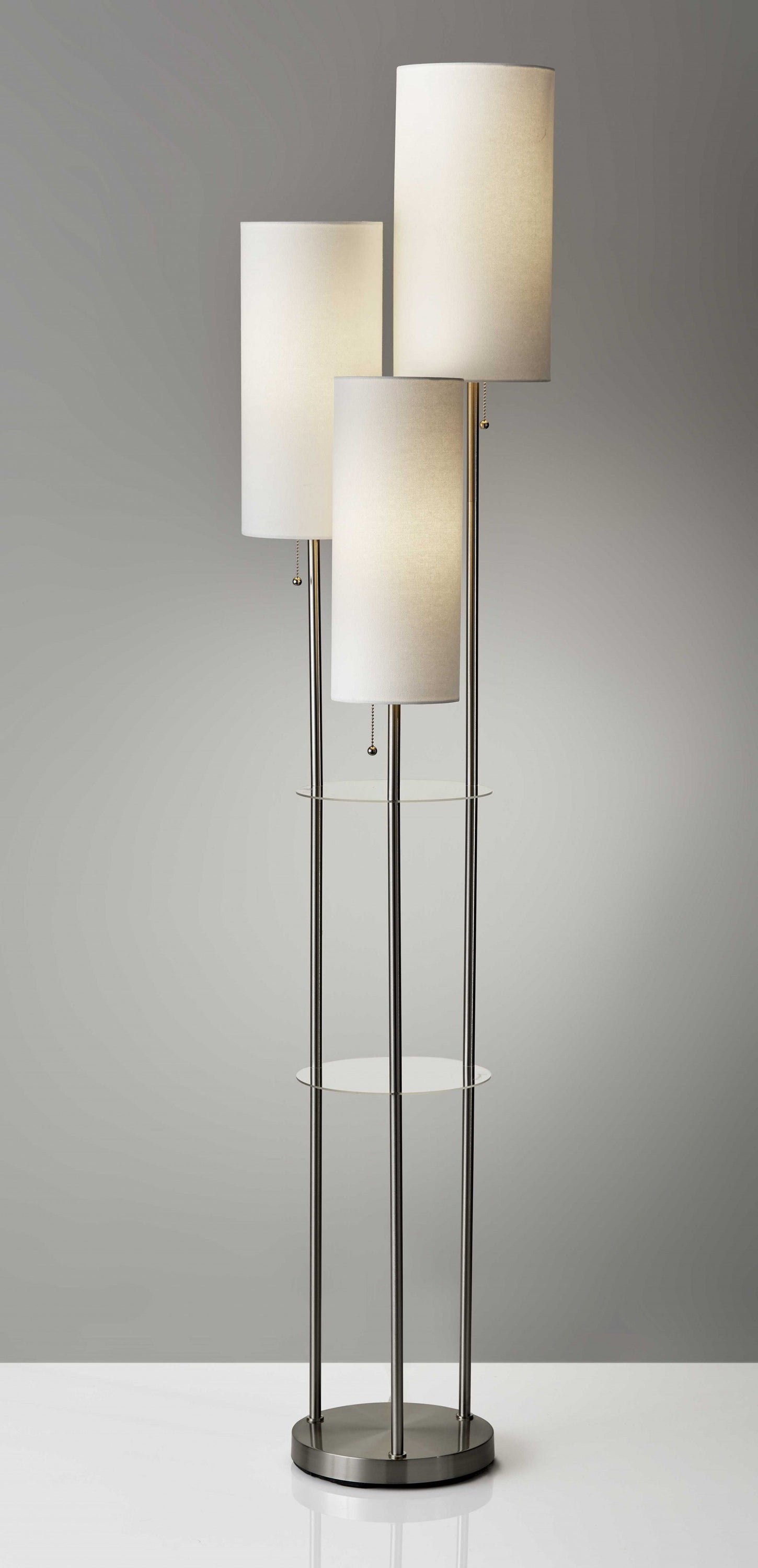 Steel Three Light Floor Lamp With Linen Cylinder Shades - White