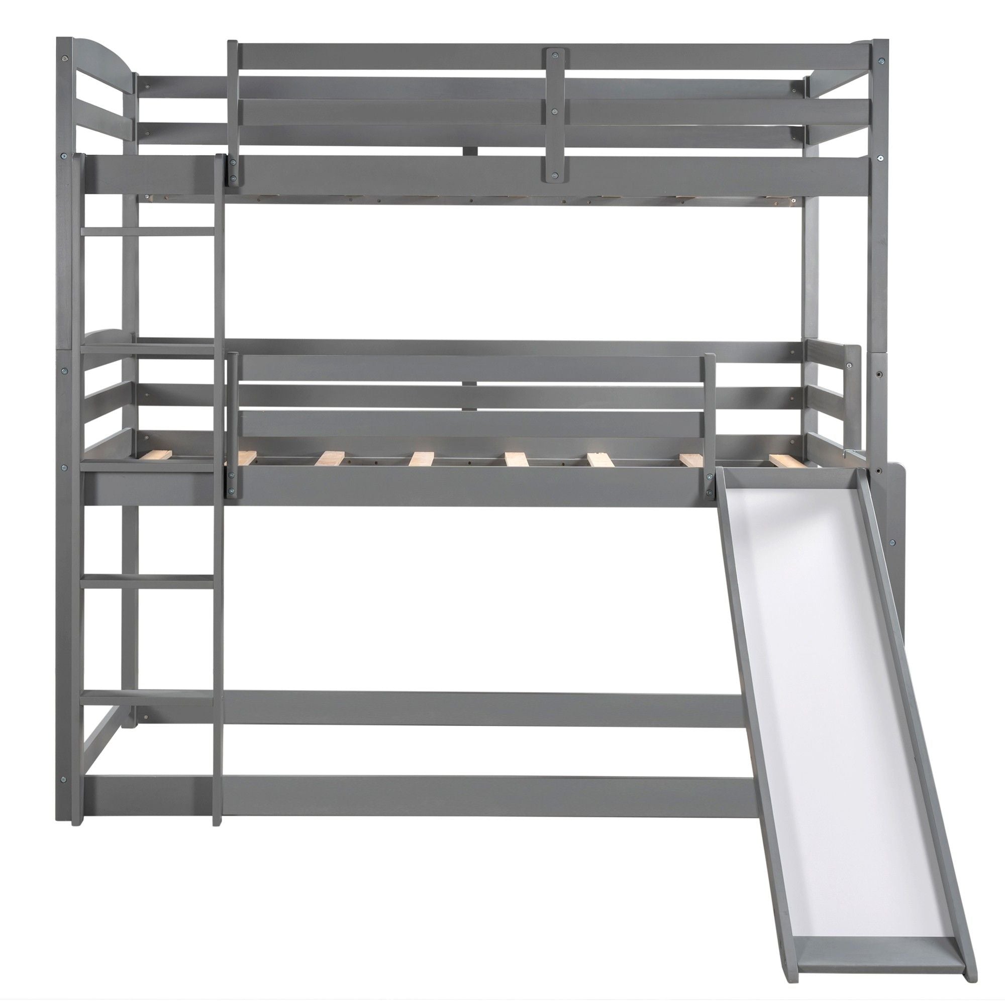 Triple Bunk Twin Sized Bed with Slide - Gray