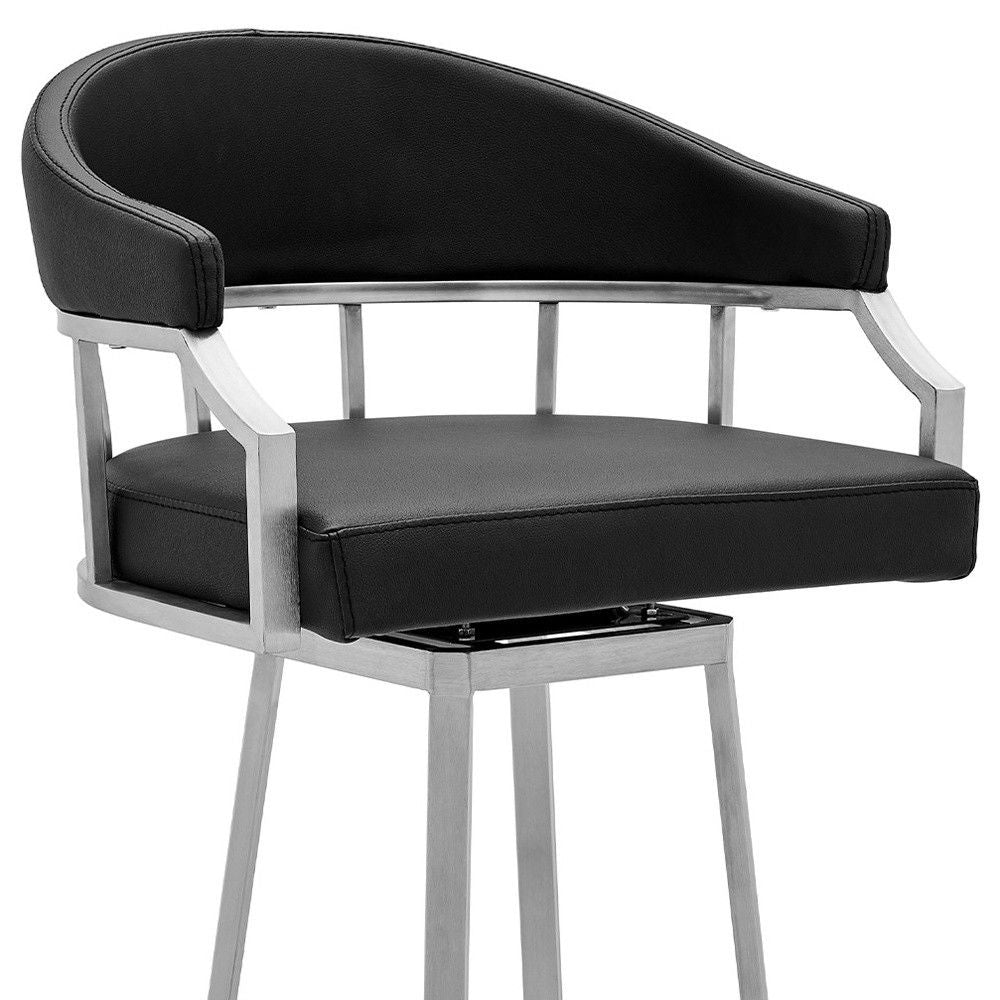 40" Faux Leather Swivel Low Back Bar Height Bar Chair - Black / Silver