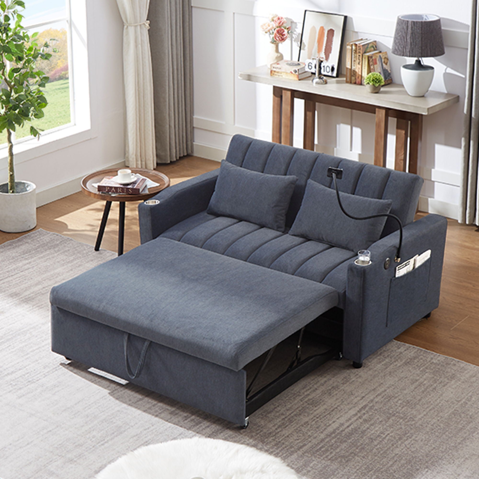 Convertible Sofa Bed Loveseat Sofa With Three USB Ports, Two Side Pockets, Two Cup Holders And 360° swivel Phone Holder For Living Room