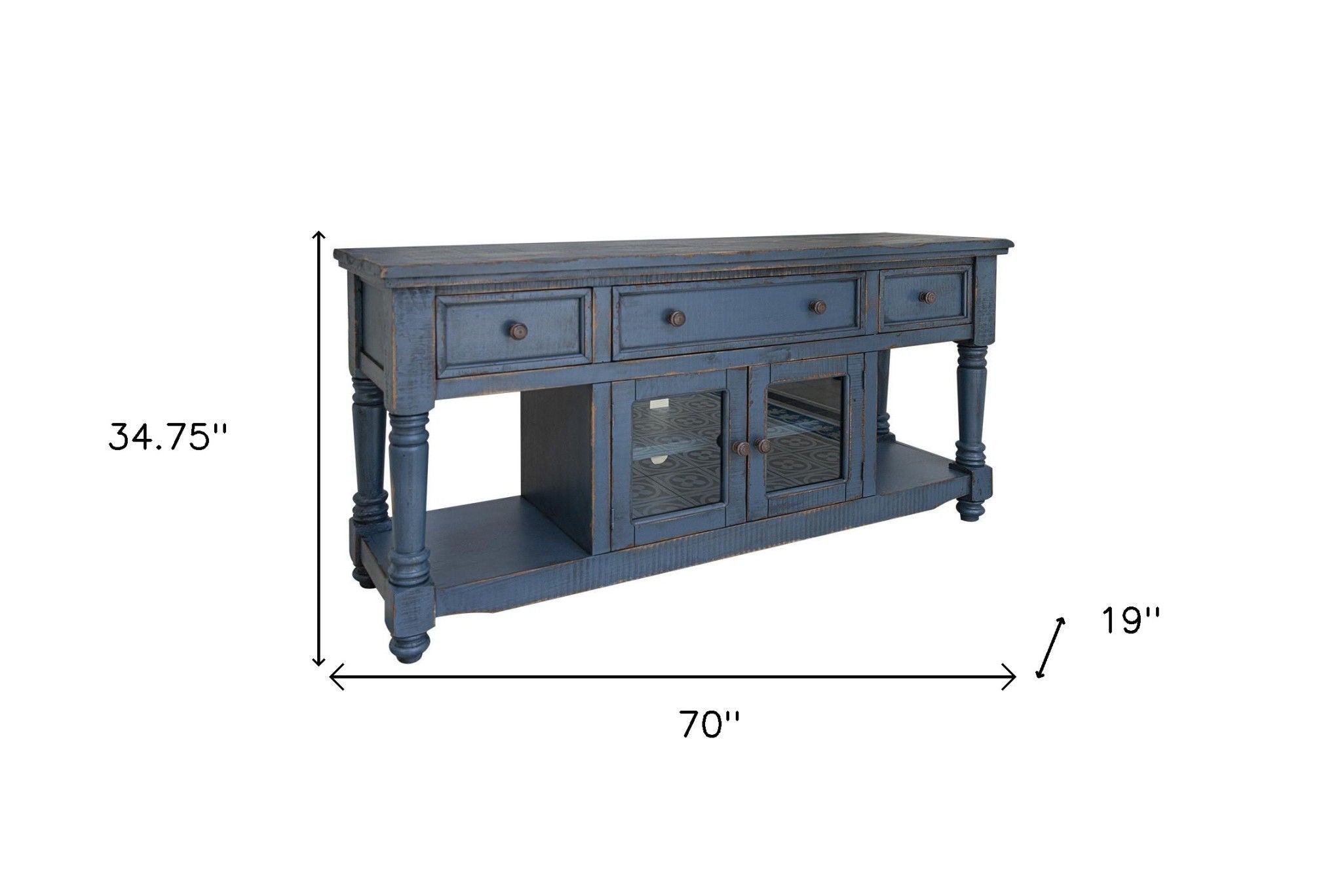 Solid Wood Open Shelving Distressed TV Stand - Blue