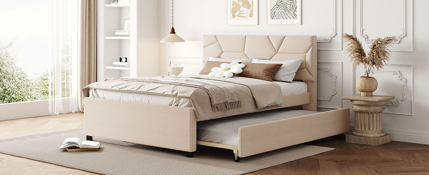 Upholstered Platform Bed With Brick Pattern Headboard And Twin Size Trundle, Linen