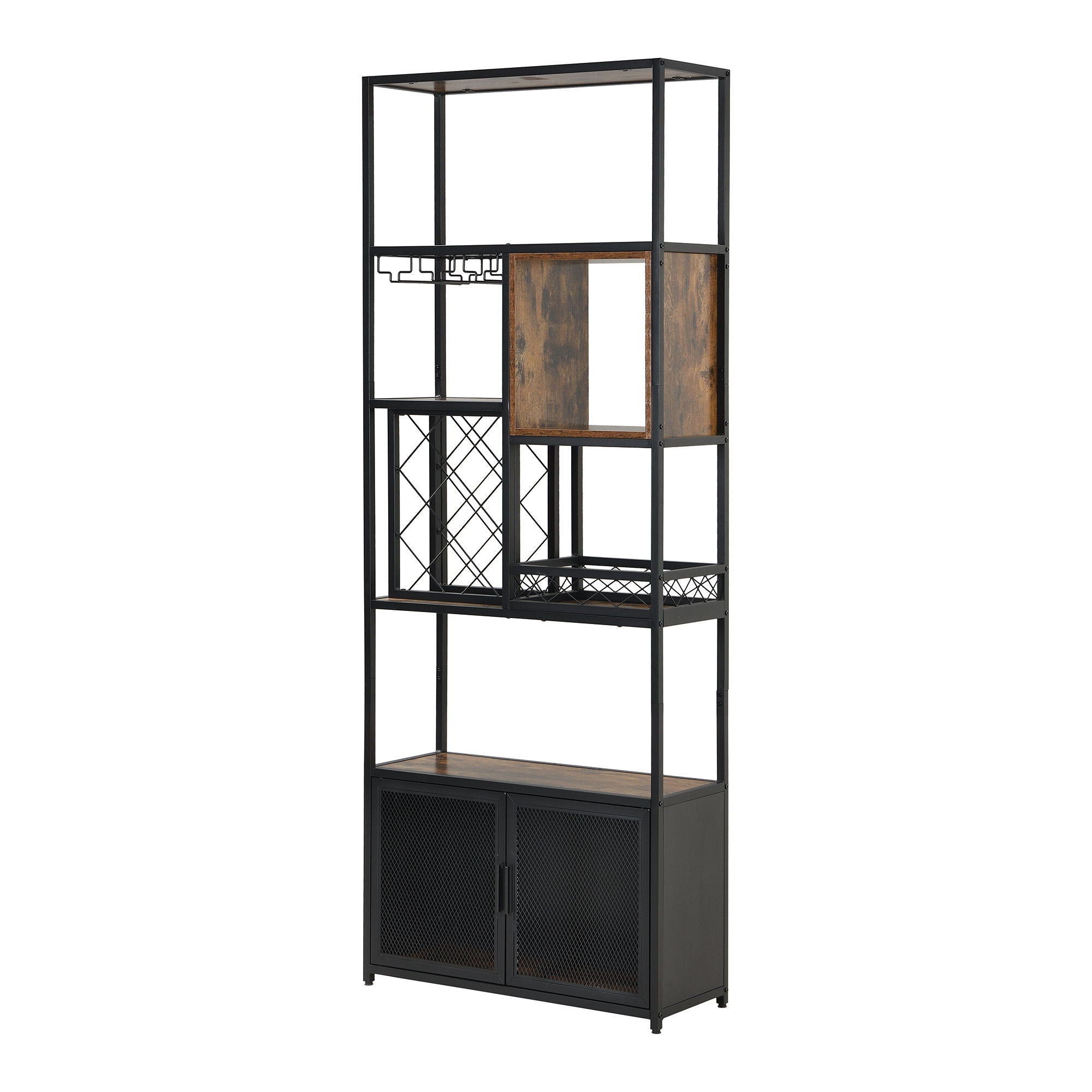 Industrial Tall Black Bar Wine Rack Cabinet With Glass Holder Wood Home Bar Cabinet - Walnut / Black