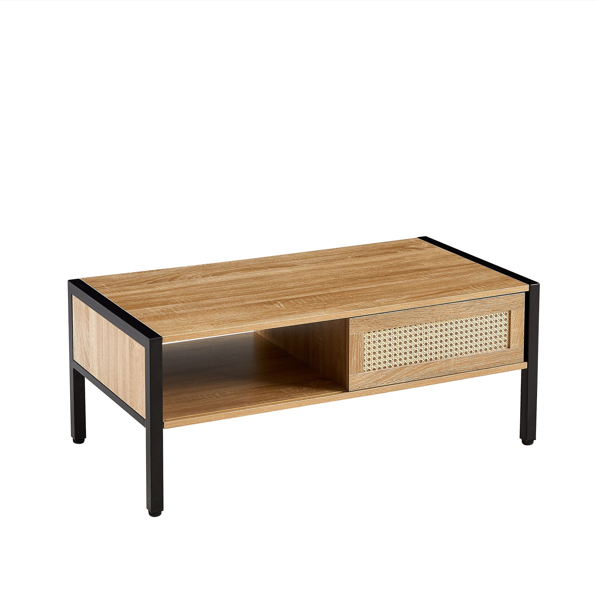 40.16" Rattan Coffee Table, Sliding Door For Storage, Metal Legs, Modern Table For Living Room