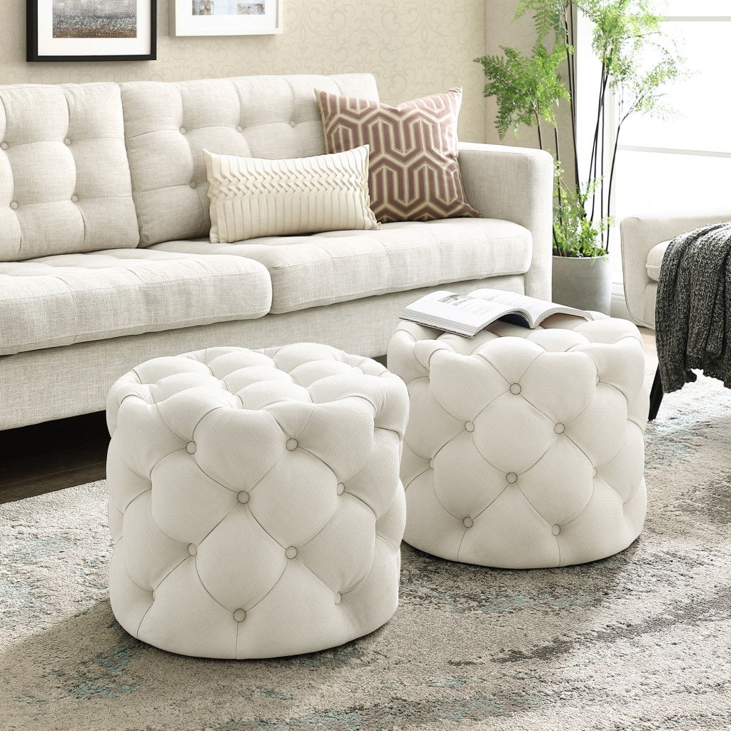 Linen Tufted Round Ottoman - White