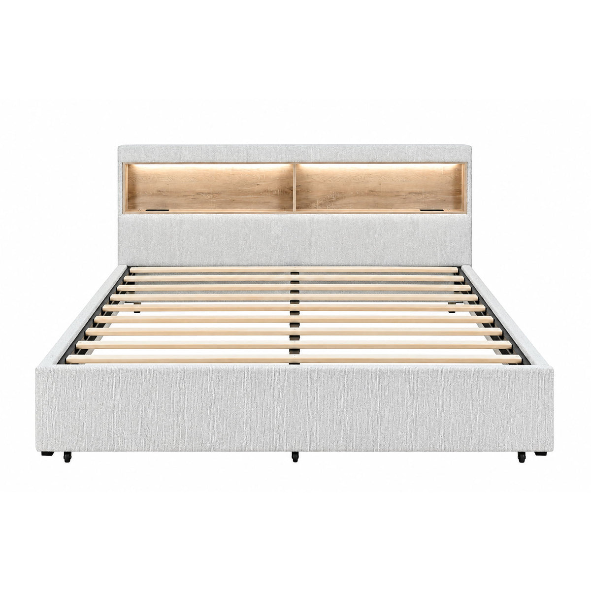 Sacha - Bed With LED And Bookcase Headboard, Built In Siderail Storage