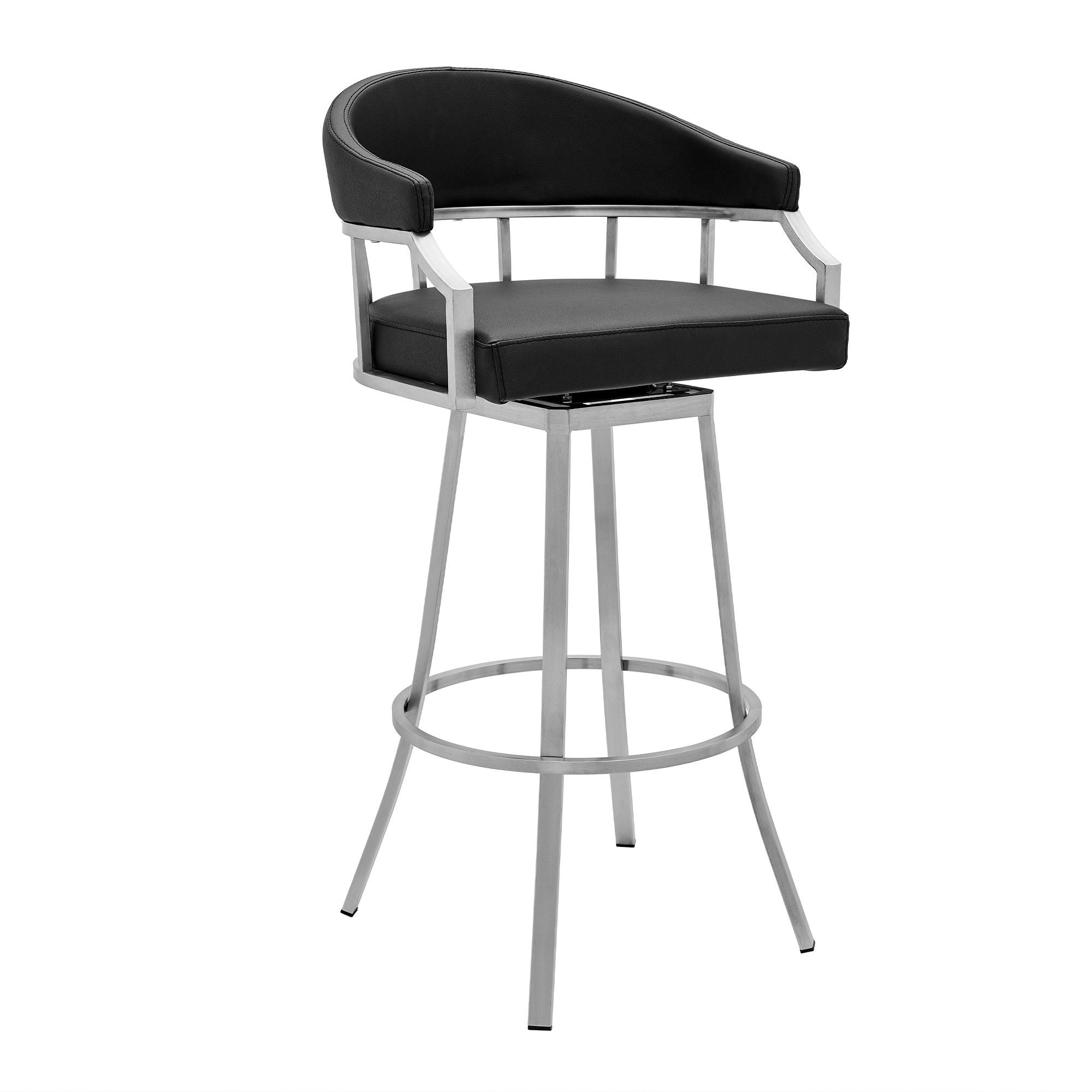 40" Faux Leather Swivel Low Back Bar Height Bar Chair - Black / Silver