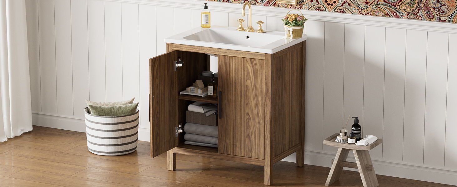 Bathroom Vanity With Single Sink, Combination Under Counter Sink, Bathroom Storage Cabinet With Soft Closing Door, Multi-Function Storage, Solid Wood Frame - Light Brown