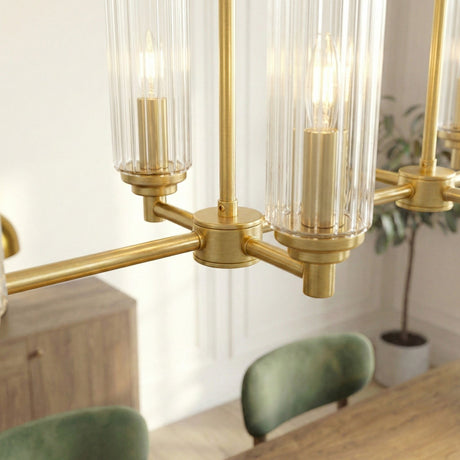 Willow - 8 Lights Island With Clear Ribbed Pendant Lamp Satin - Antique Brass / Clear / Gold - view 4