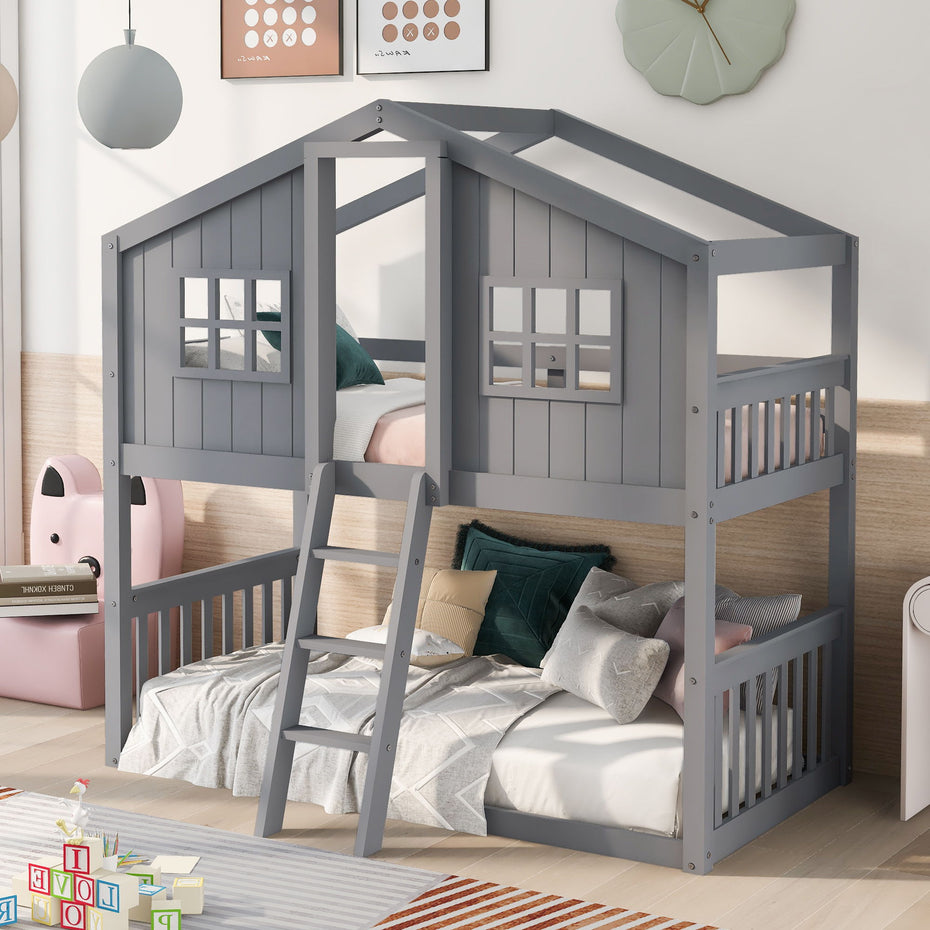 Twin Over Twin House Bunk Bed With Ladder, Wood Bed