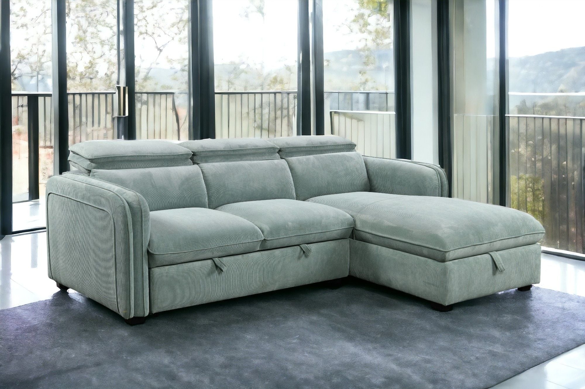 Zavala - Chenille Sectional Sofa With Sleeper & Storage - Light Green