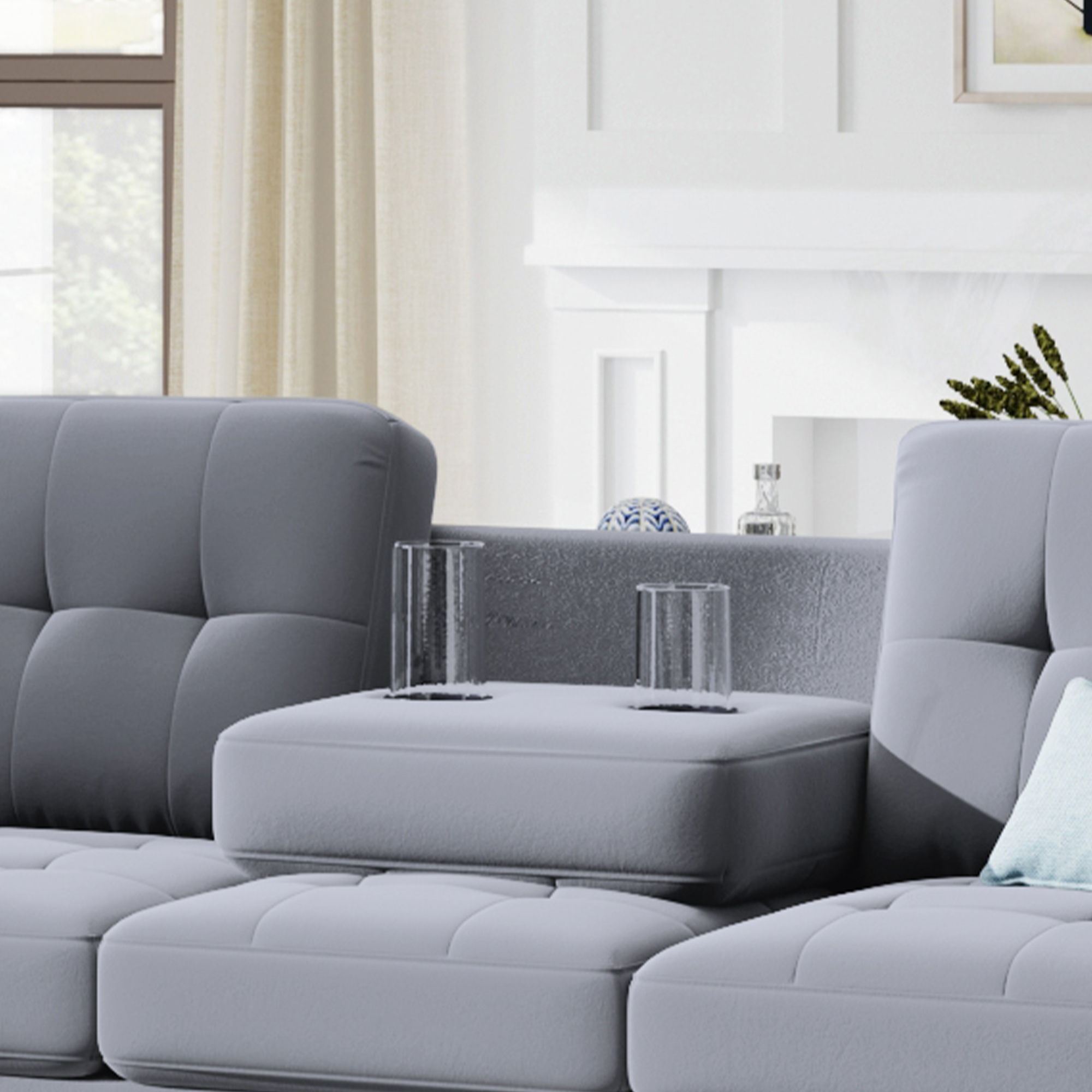 Sectional Sofa With Reversible Chaise Lounge, L-Shaped Couch With Storage Ottoman And Cup Holders