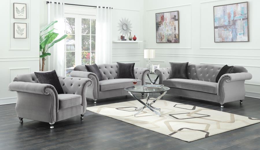 Frostine - Upholstered Rolled Arm Tufted Loveseat - Silver