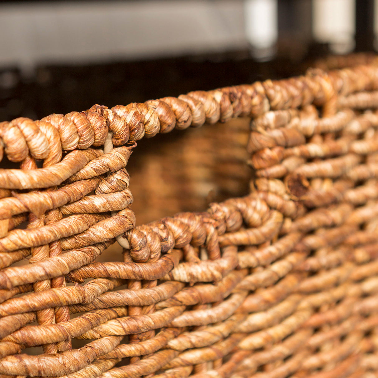 Coastal Coffee Table With Lower Shelf And Faux Rattan Baskets - Espresso by Walker Edison | Bel Furniture